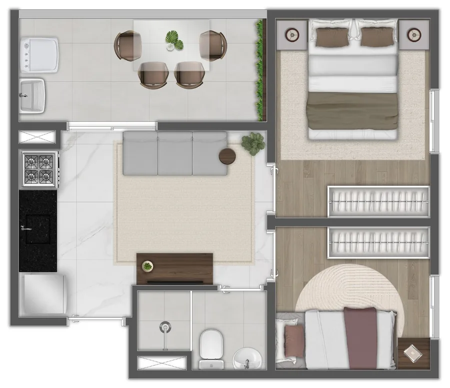 Planta de apartamento de 2 dormitórios
